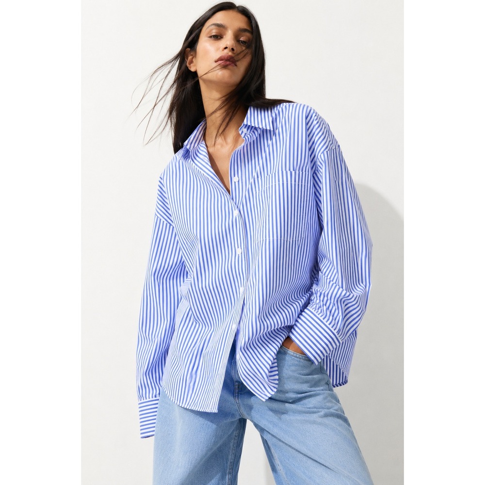 H&M Oversized Blue and White Striped Button Up Shirt M Relaxed Fit 100% Cotton
